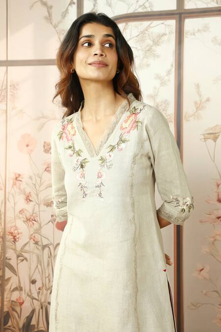 Buy_Kaveri_Beige Linen, Silk Embroidery V-neck Peony Parade Kurta Pant Set _Online_at_Aza_Fashions