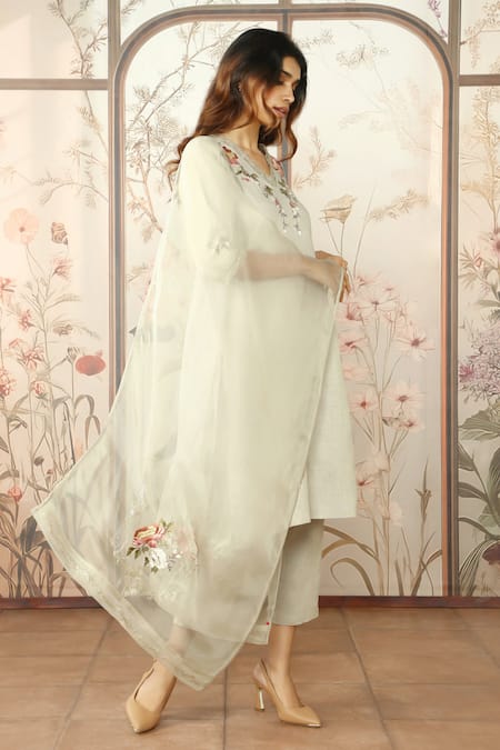Shop_Kaveri_Beige Linen, Silk Embroidery V-neck Peony Parade Kurta Pant Set _Online_at_Aza_Fashions