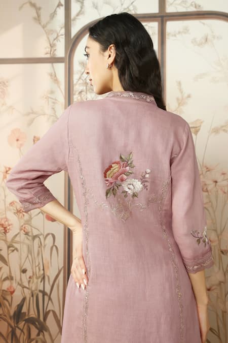 Buy_Kaveri_Pink Linen Embroidery V-neck Peony Parade Thread Kurta Pant Set _Online_at_Aza_Fashions