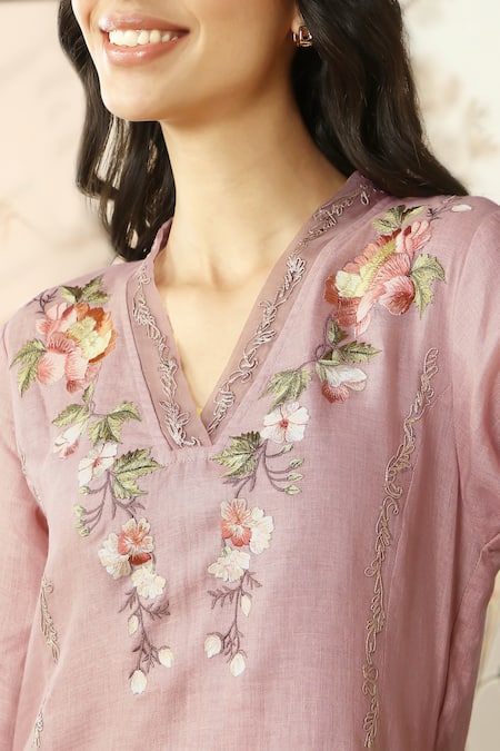 Shop_Kaveri_Pink Linen Embroidery V-neck Peony Parade Thread Kurta Pant Set _Online_at_Aza_Fashions