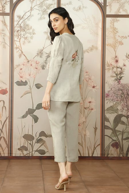 Kaveri Peony Parade Embroidered Tie Top With Pant 