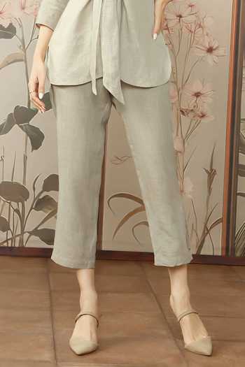 Kaveri_Beige 100% Linen Embroidered Cotton Thread Peony Parade Tie Top With Pant _Online_at_Aza_Fashions