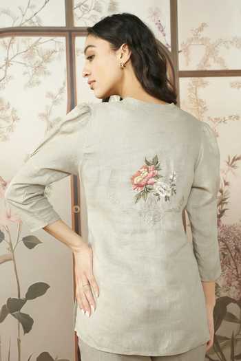 Buy_Kaveri_Beige 100% Linen Embroidered Cotton Thread Peony Parade Tie Top With Pant _Online_at_Aza_Fashions