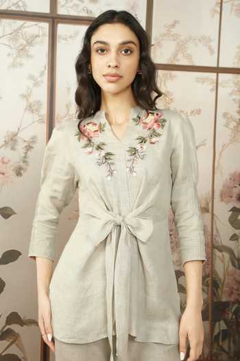 Shop_Kaveri_Beige 100% Linen Embroidered Cotton Thread Peony Parade Tie Top With Pant _Online_at_Aza_Fashions