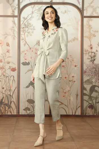 Kaveri_Beige 100% Linen Embroidered Cotton Thread Peony Parade Tie Top With Pant _at_Aza_Fashions