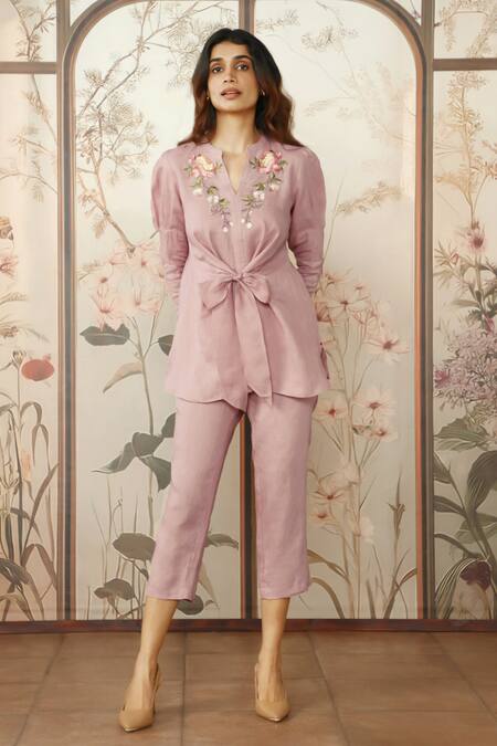 Kaveri_Pink 100% Linen Embroidered Cotton Thread Mandarin Peony Parade Top With Pant _Online_at_Aza_Fashions
