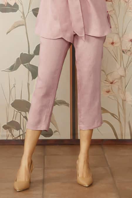 Buy_Kaveri_Pink 100% Linen Embroidered Cotton Thread Mandarin Peony Parade Top With Pant _Online_at_Aza_Fashions