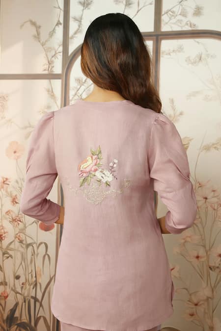 Shop_Kaveri_Pink 100% Linen Embroidered Cotton Thread Mandarin Peony Parade Top With Pant _Online_at_Aza_Fashions