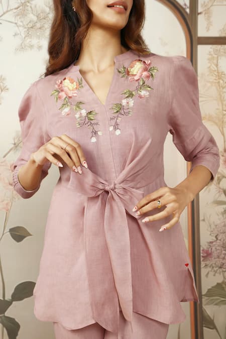 Kaveri_Pink 100% Linen Embroidered Cotton Thread Mandarin Peony Parade Top With Pant _at_Aza_Fashions