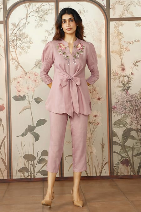 Buy_Kaveri_Pink 100% Linen Embroidered Cotton Thread Mandarin Peony Parade Top With Pant 
