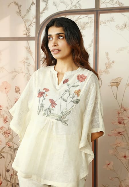 Buy_Kaveri_Off White Linen Stained Glass Croissant Applique Kaftan Top With Pant _Online_at_Aza_Fashions