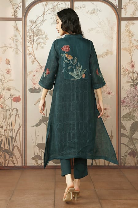 Shop_Kaveri_Green Linen, Silk Organza Lace, Applique, Stained Glass Fly Free Tunic Pant Set _at_Aza_Fashions