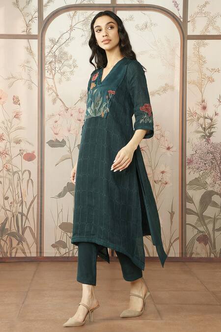 Kaveri_Green Linen, Silk Organza Lace, Applique, Stained Glass Fly Free Tunic Pant Set _Online_at_Aza_Fashions