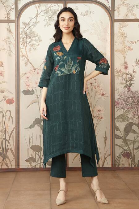 Shop_Kaveri_Green Linen, Silk Organza Lace, Applique, Stained Glass Fly Free Tunic Pant Set _Online_at_Aza_Fashions