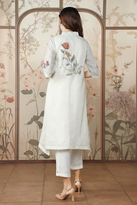 Shop Kaveri Off White Linen, Silk Organza Stained Glass Fly Free Printed Tunic Pant Set at Aza Fashions Shop_Kaveri_Off White Linen, Silk Organza Stained Glass Fly Free Printed Tunic Pant Set _at_Aza_Fashions