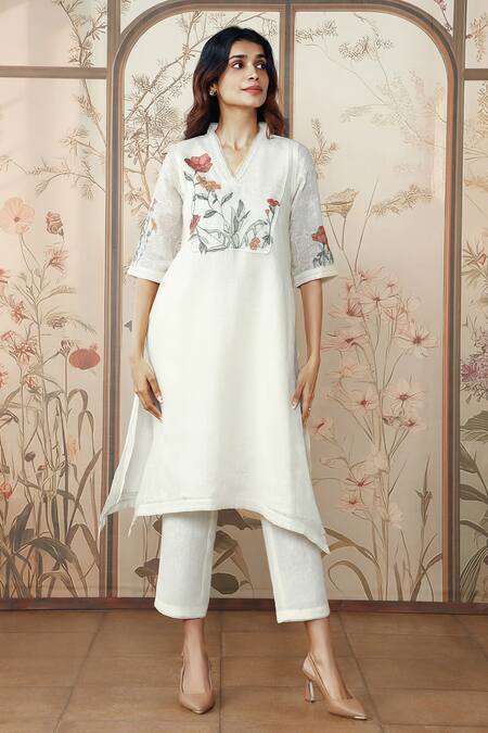 Kaveri Off White Linen, Silk Organza Stained Glass Fly Free Printed Tunic Pant Set Online at Aza Fashions Kaveri_Off White Linen, Silk Organza Stained Glass Fly Free Printed Tunic Pant Set _Online_at_Aza_Fashions