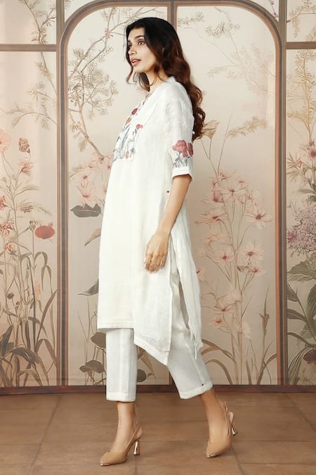 Buy Kaveri Off White Linen, Silk Organza Stained Glass Fly Free Printed Tunic Pant Set Online at Aza Fashions Buy_Kaveri_Off White Linen, Silk Organza Stained Glass Fly Free Printed Tunic Pant Set _Online_at_Aza_Fashions
