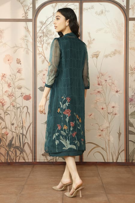 Shop Kaveri Green Linen Embroidered Silk Thread Jacket Stained Glass Applique With Dress at Aza Fashions Shop_Kaveri_Green Linen Embroidered Silk Thread Jacket Stained Glass Applique With Dress _at_Aza_Fashions