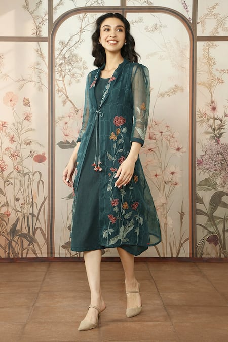 Kaveri Green Linen Embroidered Silk Thread Jacket Stained Glass Applique With Dress Online at Aza Fashions Kaveri_Green Linen Embroidered Silk Thread Jacket Stained Glass Applique With Dress _Online_at_Aza_Fashions
