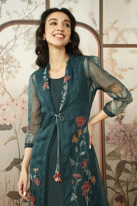 Buy Kaveri Green Linen Embroidered Silk Thread Jacket Stained Glass Applique With Dress Online at Aza Fashions Buy_Kaveri_Green Linen Embroidered Silk Thread Jacket Stained Glass Applique With Dress _Online_at_Aza_Fashions
