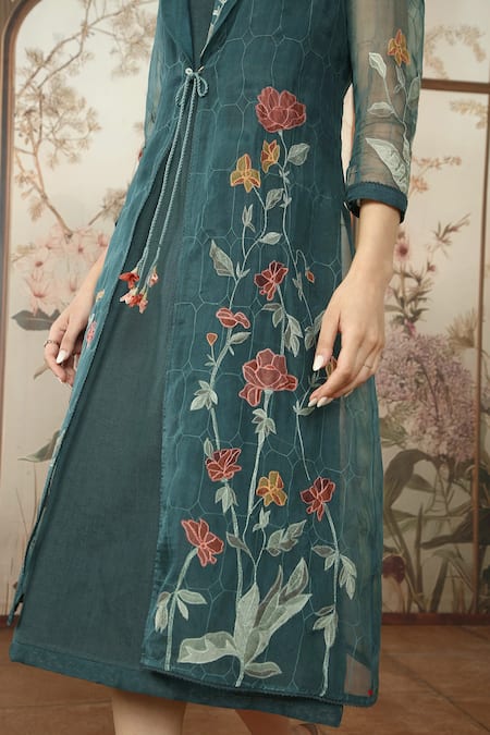 Shop Kaveri Green Linen Embroidered Silk Thread Jacket Stained Glass Applique With Dress Online at Aza Fashions Shop_Kaveri_Green Linen Embroidered Silk Thread Jacket Stained Glass Applique With Dress _Online_at_Aza_Fashions