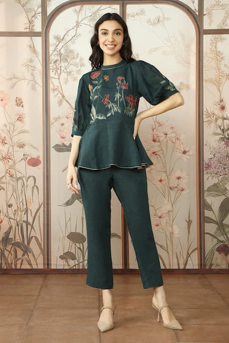 KAVERI Green 100% Linen Embroidered Silk Stained Glass Applique Peplum Top With Pant 