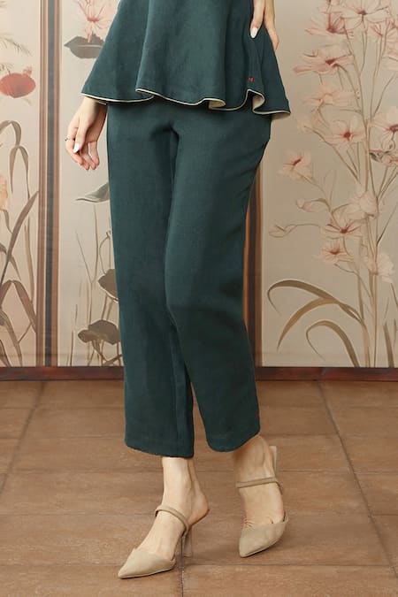 Kaveri_Green 100% Linen Embroidered Silk Stained Glass Applique Peplum Top With Pant _Online_at_Aza_Fashions
