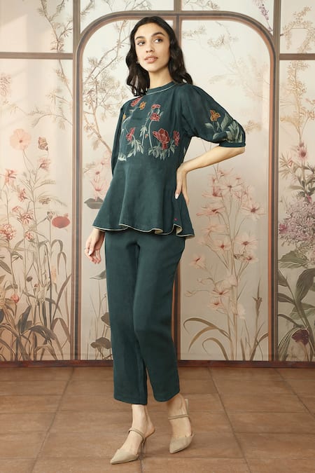 Buy_Kaveri_Green 100% Linen Embroidered Silk Stained Glass Applique Peplum Top With Pant _Online_at_Aza_Fashions