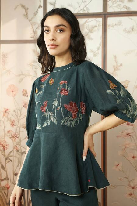 Shop_Kaveri_Green 100% Linen Embroidered Silk Stained Glass Applique Peplum Top With Pant _Online_at_Aza_Fashions