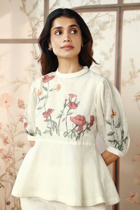 Buy_Kaveri_Off White 100% Linen Embroidered Silk Stained Glass Floral Peplum Top With Pant _Online_at_Aza_Fashions