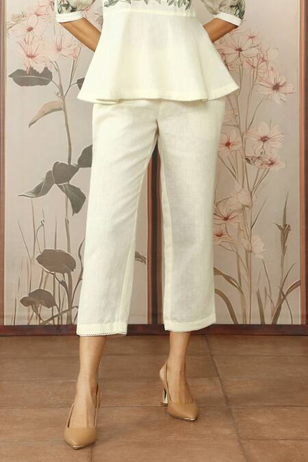 Shop_Kaveri_Off White 100% Linen Embroidered Silk Stained Glass Floral Peplum Top With Pant _Online_at_Aza_Fashions