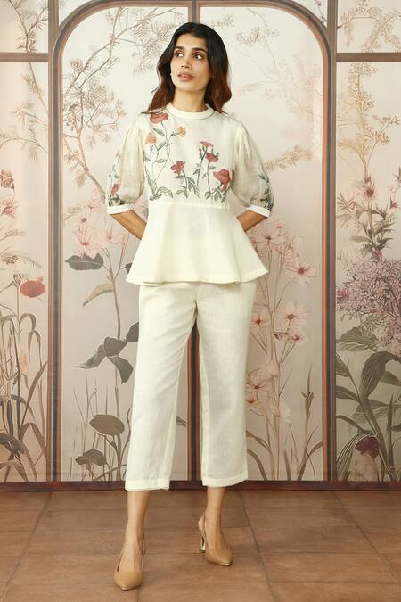 Kaveri_Off White 100% Linen Embroidered Silk Stained Glass Floral Peplum Top With Pant _at_Aza_Fashions