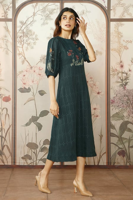 Buy_Kaveri_Green Linen Embroidered Silk Thread Round Stained Glass Sam Printed Dress _Online_at_Aza_Fashions