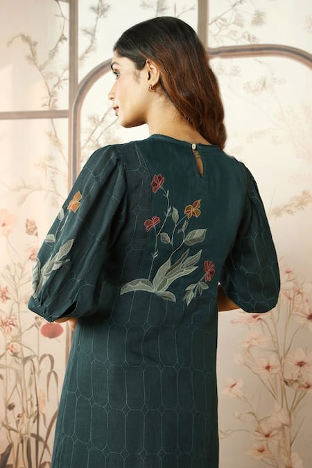 Shop_Kaveri_Green Linen Embroidered Silk Thread Round Stained Glass Sam Printed Dress _Online_at_Aza_Fashions