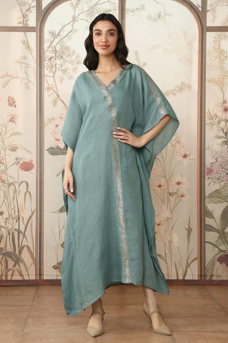 KAVERI Blue 100 % Linen Embellished Studs V-neck Starlight Kaftan 