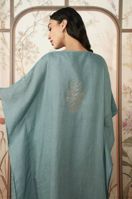 Kaveri_Blue 100 % Linen Embellished Studs V-neck Starlight Kaftan _Online_at_Aza_Fashions