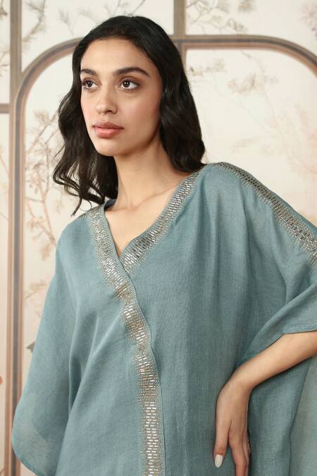Buy_Kaveri_Blue 100 % Linen Embellished Studs V-neck Starlight Kaftan _Online_at_Aza_Fashions