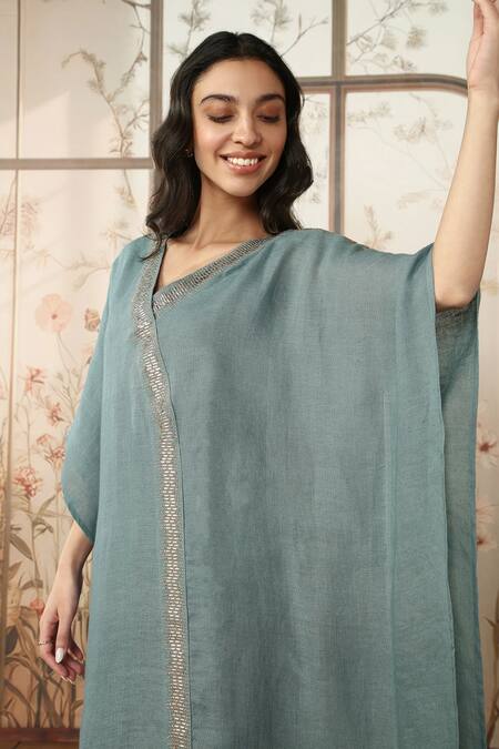 Shop_Kaveri_Blue 100 % Linen Embellished Studs V-neck Starlight Kaftan _Online_at_Aza_Fashions