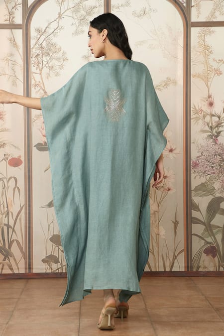 Shop_Kaveri_Blue 100 % Linen Embellished Studs V-neck Starlight Kaftan _at_Aza_Fashions