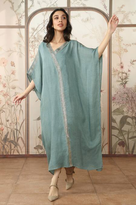 Kaveri_Blue 100 % Linen Embellished Studs V-neck Starlight Kaftan _at_Aza_Fashions