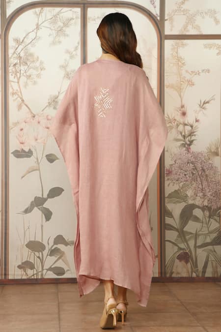Shop Kaveri Pink 100 % Linen Embellished Studs V-neck Starlight Kaftan at Aza Fashions Shop_Kaveri_Pink 100 % Linen Embellished Studs V-neck Starlight Kaftan _at_Aza_Fashions