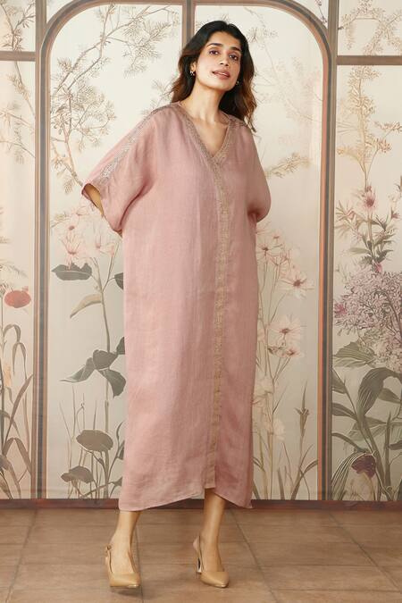 Kaveri Pink 100 % Linen Embellished Studs V-neck Starlight Kaftan Online at Aza Fashions Kaveri_Pink 100 % Linen Embellished Studs V-neck Starlight Kaftan _Online_at_Aza_Fashions