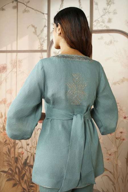 Buy_Kaveri_Blue 100 % Linen Embellished Studs V-neck Starlight Kimono Top With Pant _Online_at_Aza_Fashions