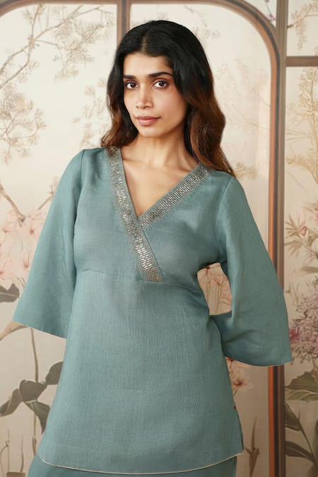 Shop_Kaveri_Blue 100 % Linen Embellished Studs V-neck Starlight Kimono Top With Pant _Online_at_Aza_Fashions