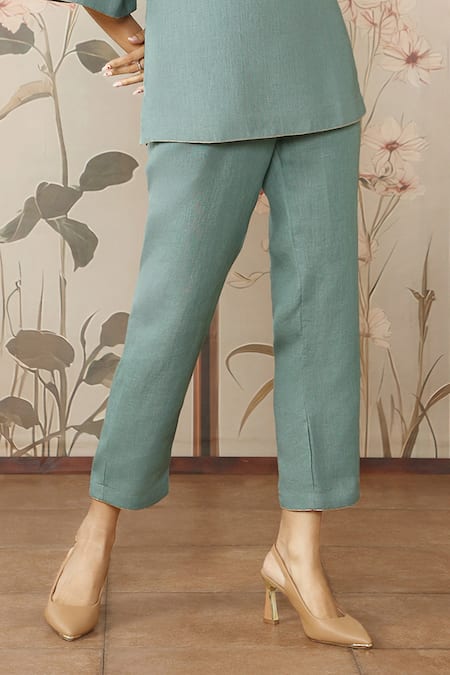 Kaveri_Blue 100 % Linen Embellished Studs V-neck Starlight Kimono Top With Pant _at_Aza_Fashions