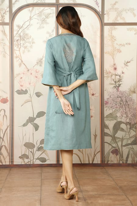 Shop_Kaveri_Blue Linen Studs V-neck Starlight Kimono Embellished Dress _at_Aza_Fashions