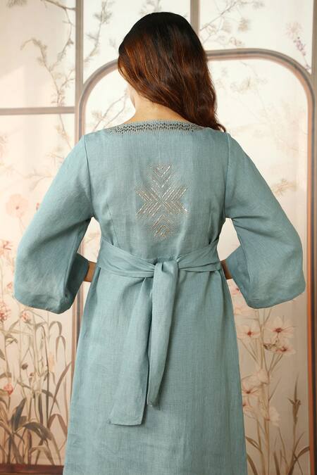 Buy_Kaveri_Blue Linen Studs V-neck Starlight Kimono Embellished Dress _Online_at_Aza_Fashions