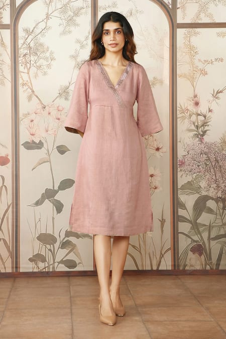 Buy_Kaveri_Pink Linen Studs V-neck Starlight Kimono Embellished Dress _Online_at_Aza_Fashions