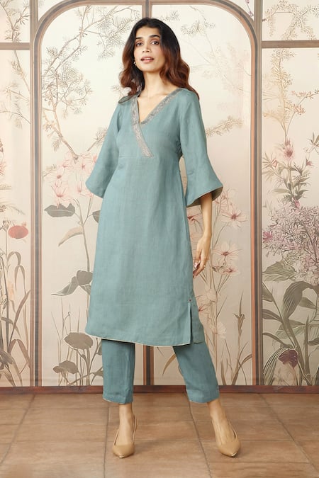 Shop_Kaveri_Blue Linen Studs V-neck Starlight Kimono Embellished Kurta With Pant _Online_at_Aza_Fashions