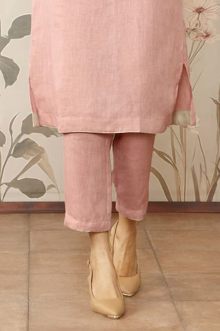 Buy_Kaveri_Pink Linen Studs V-neck Starlight Kimono Embellished Kurta With Pant _Online_at_Aza_Fashions